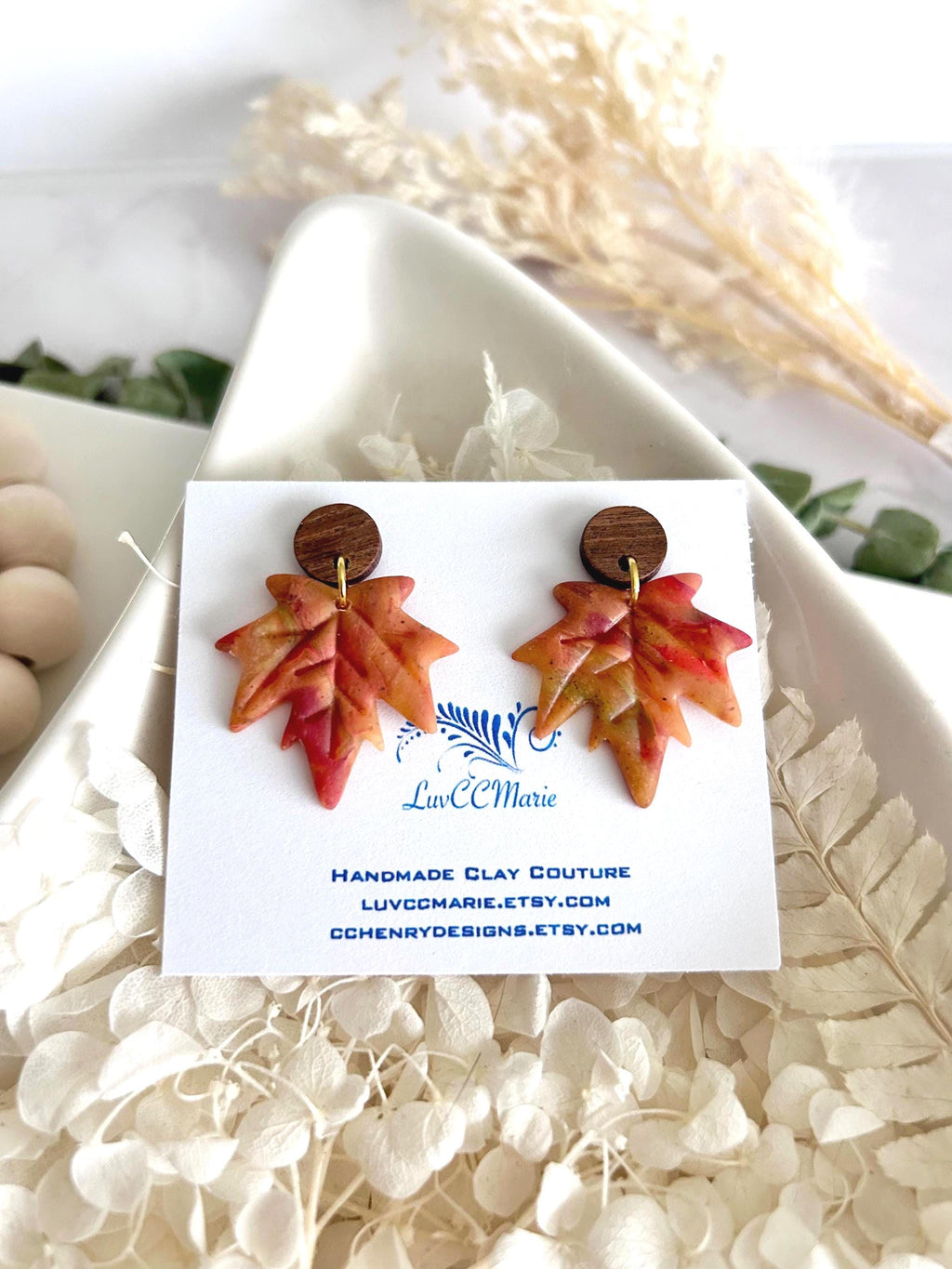 Maple Leaf Dangle Earrings, Clay Stud Dangles, Handmade Multicolor Fall Jewelry