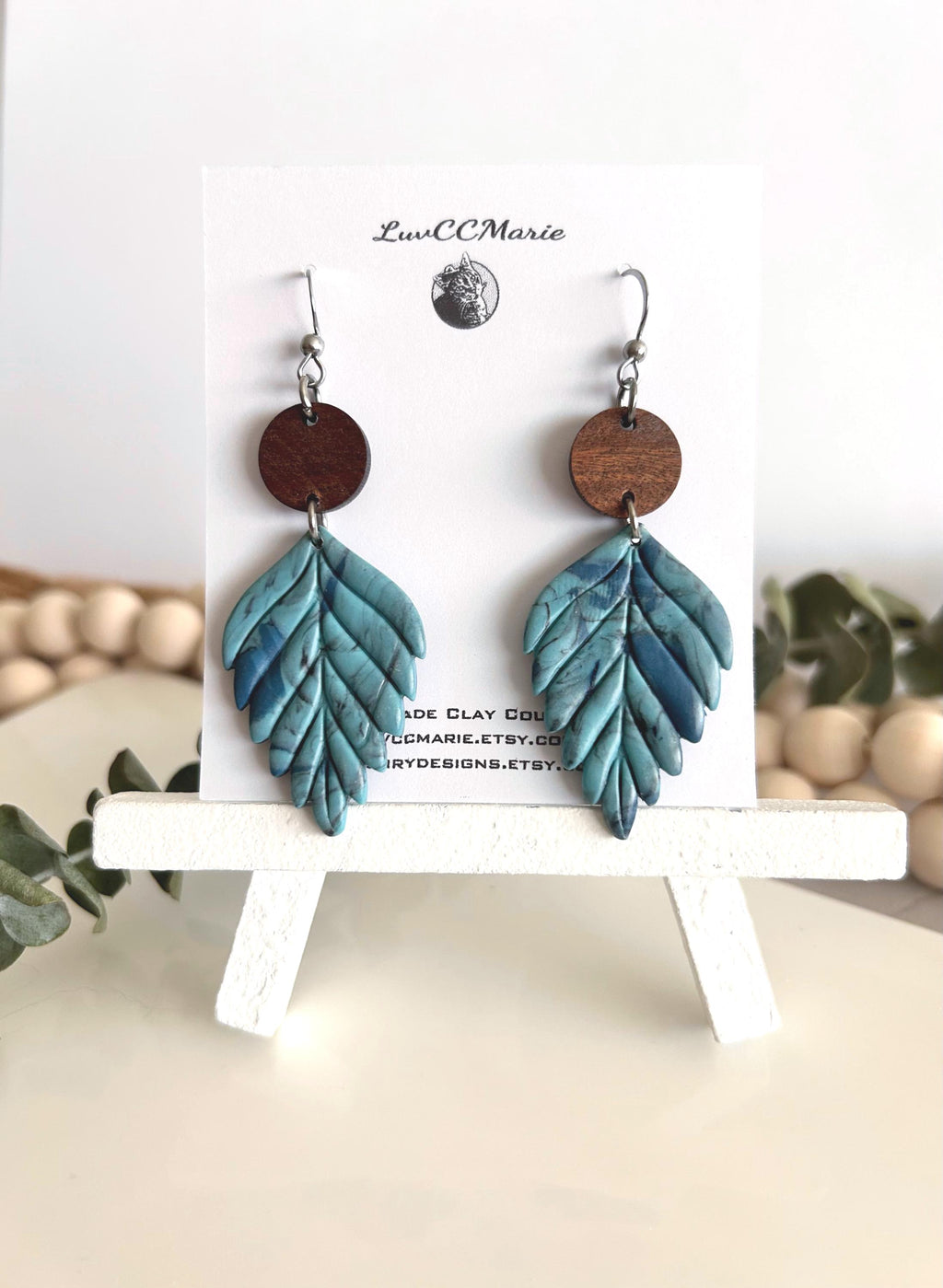 Patina Blue and Brown Leaf Earrings, Walnut Wood Clay Dangles, Long Lightweight Boho Jewelry