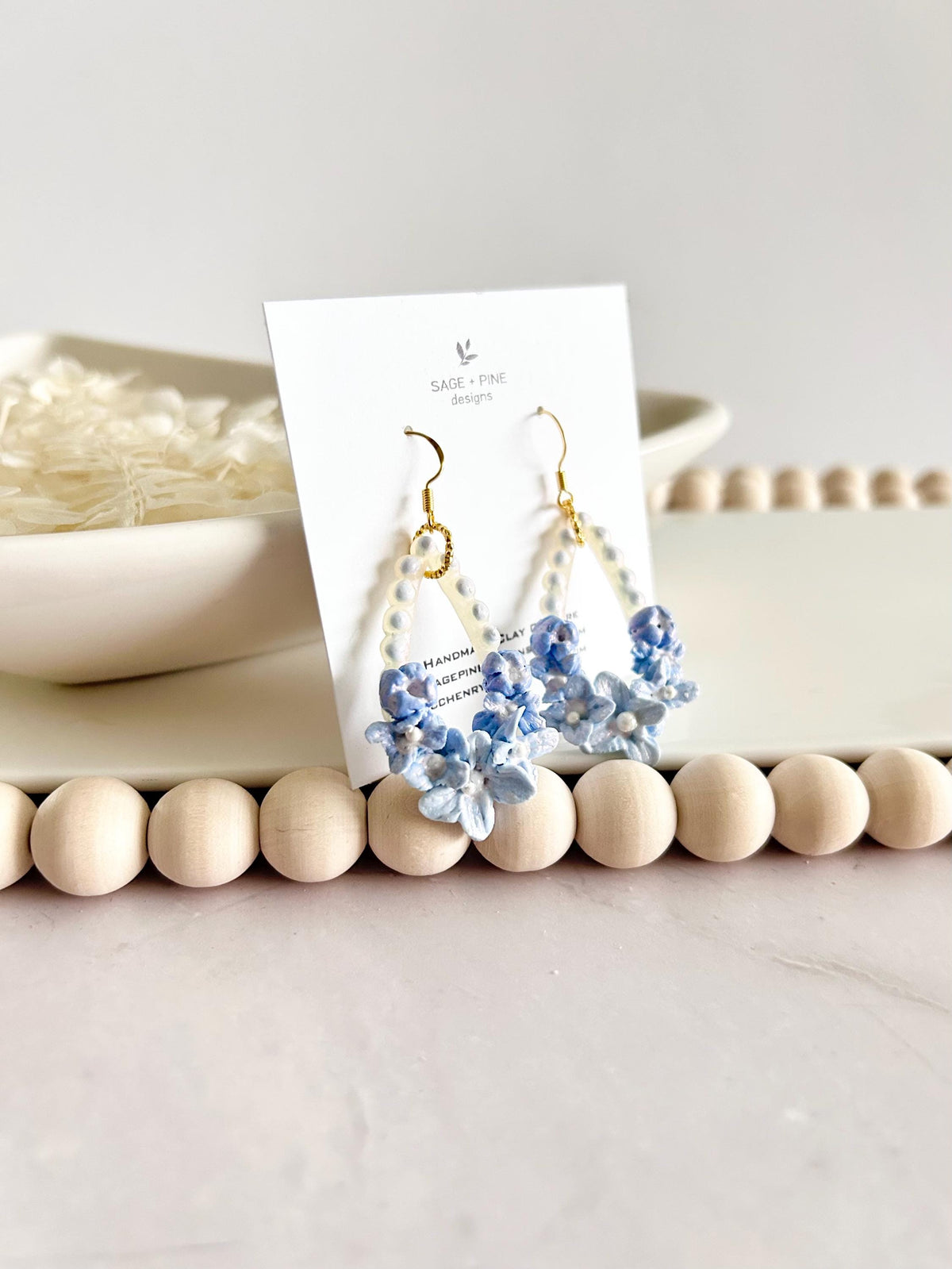 Blue Dangle Flower Earrings, Big Floral Drop Dangles, Iridescent Pearl Unique Statement Jewelry Gift