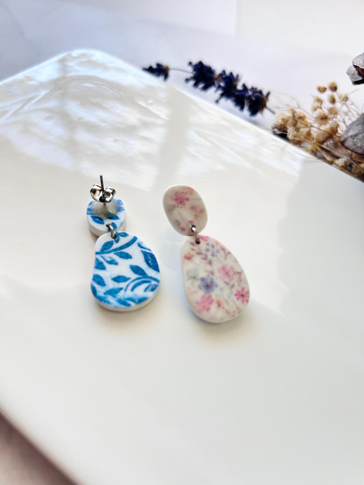 Pink and Blue Floral Earrings, Pastel Flower Clay Earrings, Stud Dangles, Handmade Jewelry