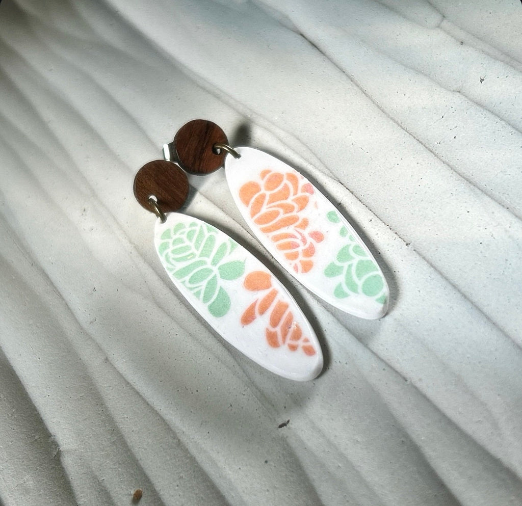 Handmade Succulent Dangle Earrings: Retro Surfboard Clay, Walnut Studs