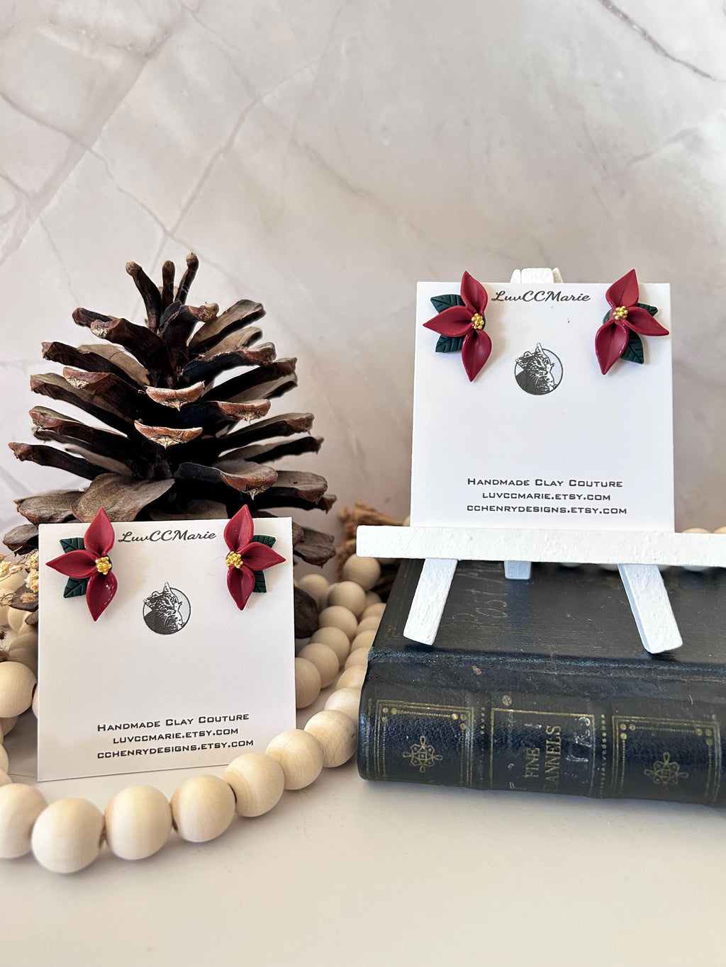 Christmas Burgundy Red Poinsettia Flower Half Stud Earrings, Holiday Clay Studs, Stocking Stuffers