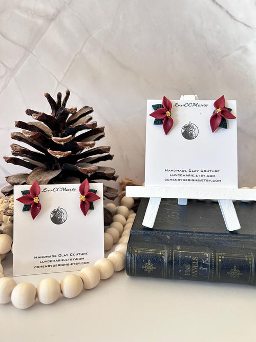 Christmas Burgundy Red Poinsettia Flower Half Stud Earrings, Holiday Clay Studs, Stocking Stuffers