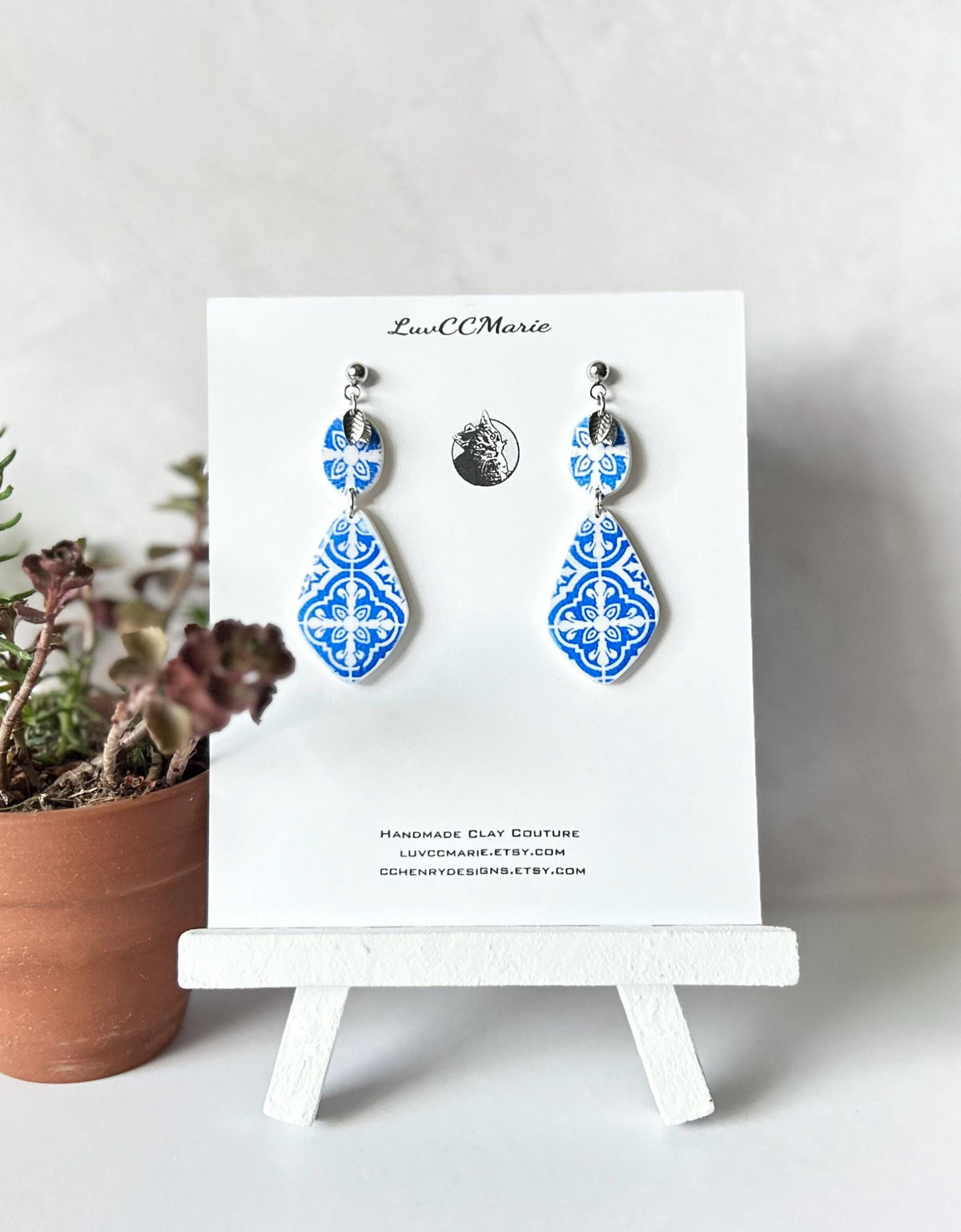 Santorini Earrings, Cobalt Blue Tile Dangles, Handmade Clay Boho Jewelry