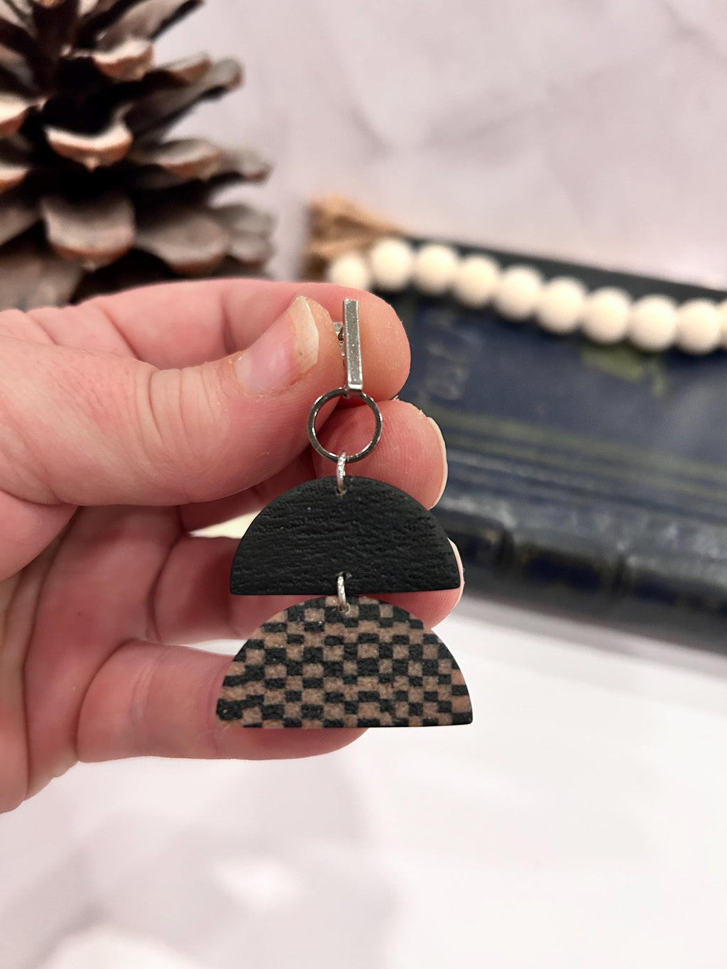 Handmade Retro Black and Mauve Dangle Earrings, Geometric Checkered, Lightweight Hypoallergenic, Clay Jewelry