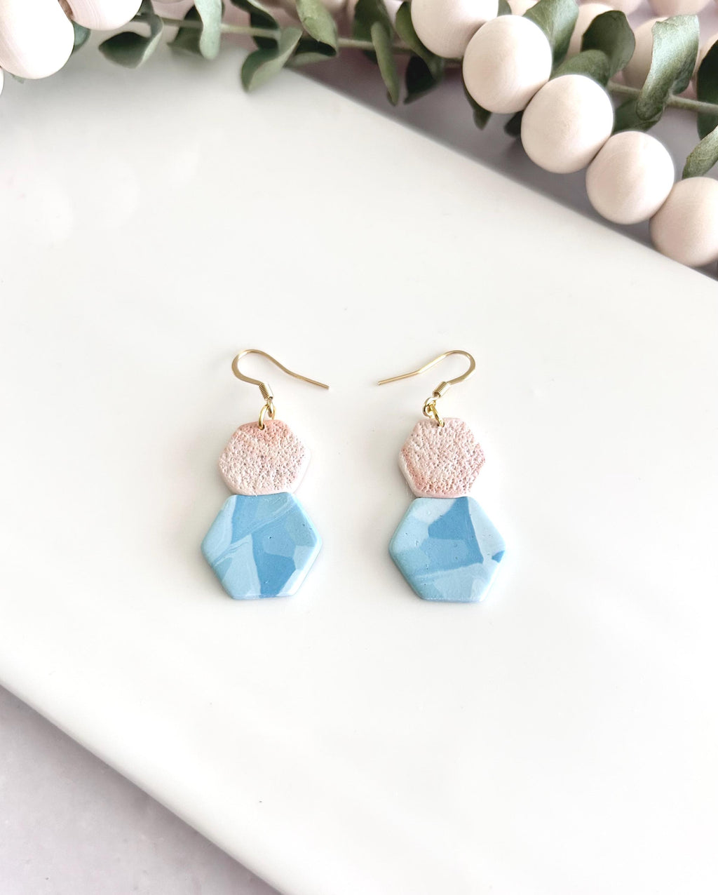 Blue Terrazzo Clay Dangle Earrings, Summer Dangles, Beachy Beige Coastal Vacation Handmade Jewelry
