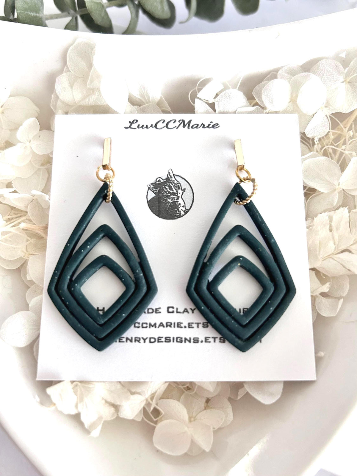 Dark Green Clay Earrings, Forest Dangles, Handmade Jewelry