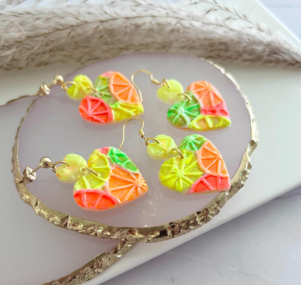 Neon Orange Heart Earrings, Grapefruit, Lemon, Lime, Unique Handcrafted Dangles, 90s Statement Clay Jewelry