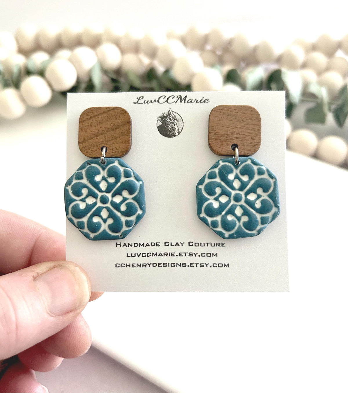 Teal & White Hexagon Santorini Tile Clay and Wood Earrings, Mediterranean Dangles