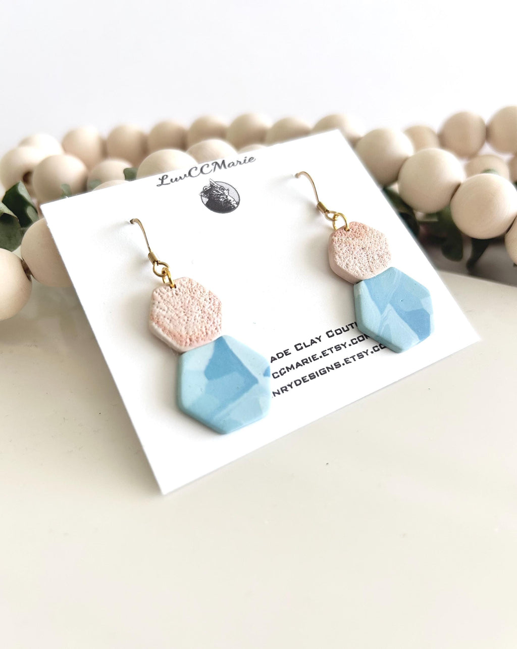Blue Terrazzo Clay Dangle Earrings, Summer Dangles, Beachy Beige Coastal Vacation Handmade Jewelry