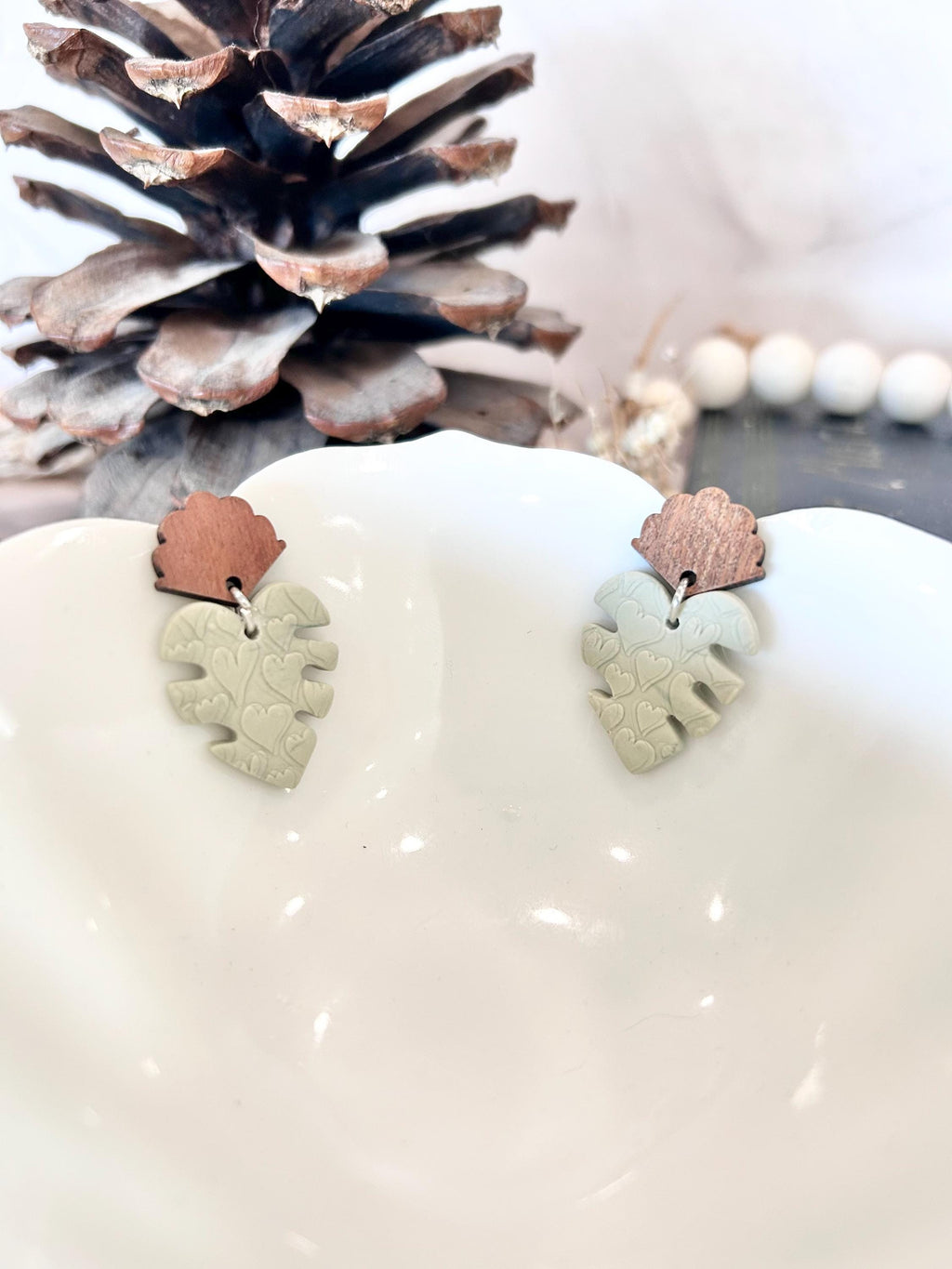 Handmade Sage Green Monstera Heart Clay Earrings, Walnut Studs, Boho Jewelry