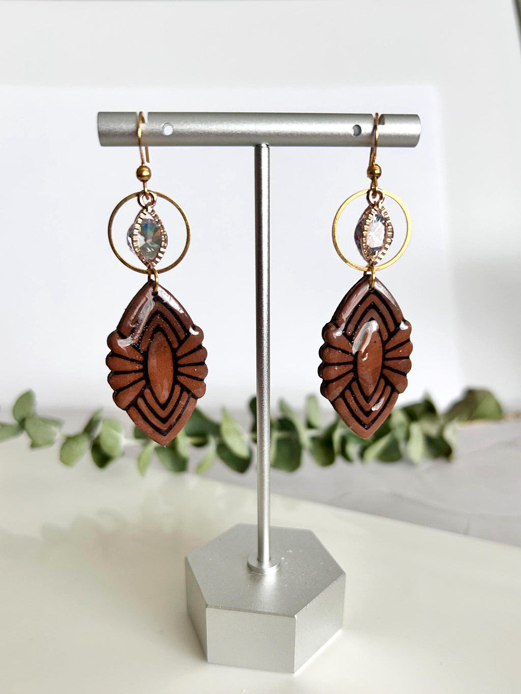Dark Brown Clay Dangle Earrings: Gold Cubic Zirconia, Boho Wedding Jewelry
