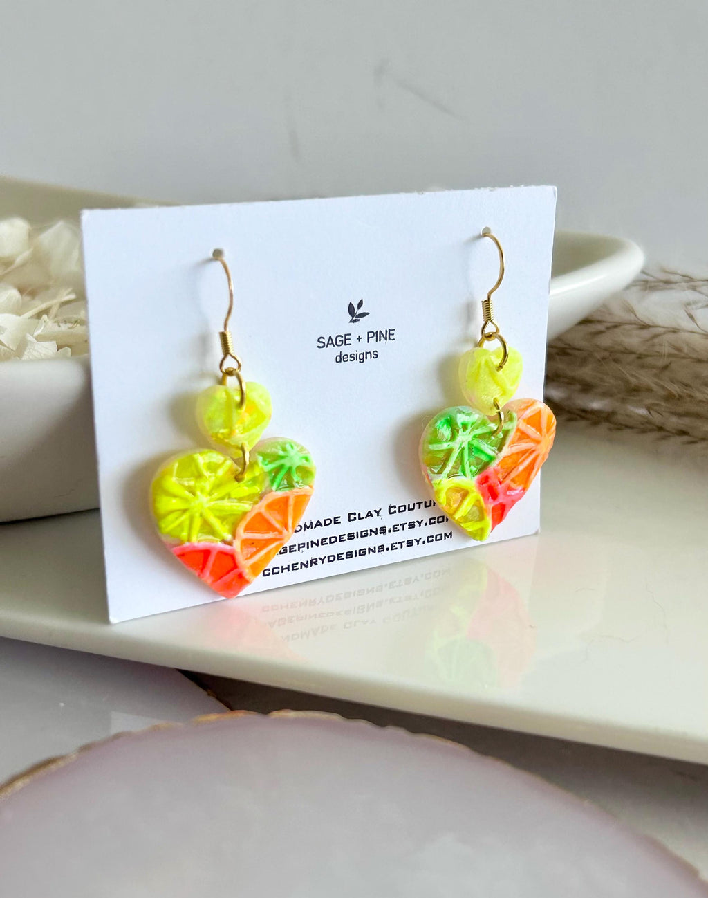 Neon Orange Heart Earrings, Grapefruit, Lemon, Lime, Unique Handcrafted Dangles, 90s Statement Clay Jewelry