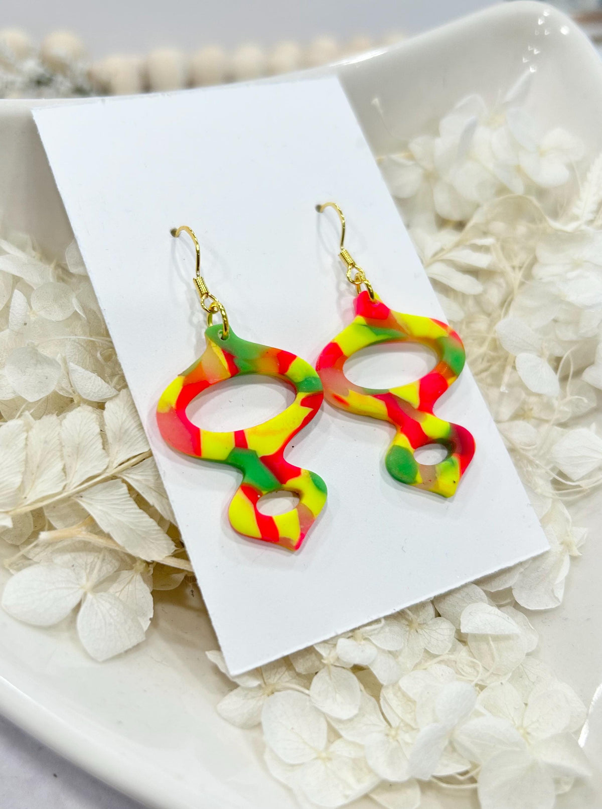 Handmade Neon 80s Polymer Clay Dangle Earrings, Mid-Century Modern Retro Vintage Style Dangles