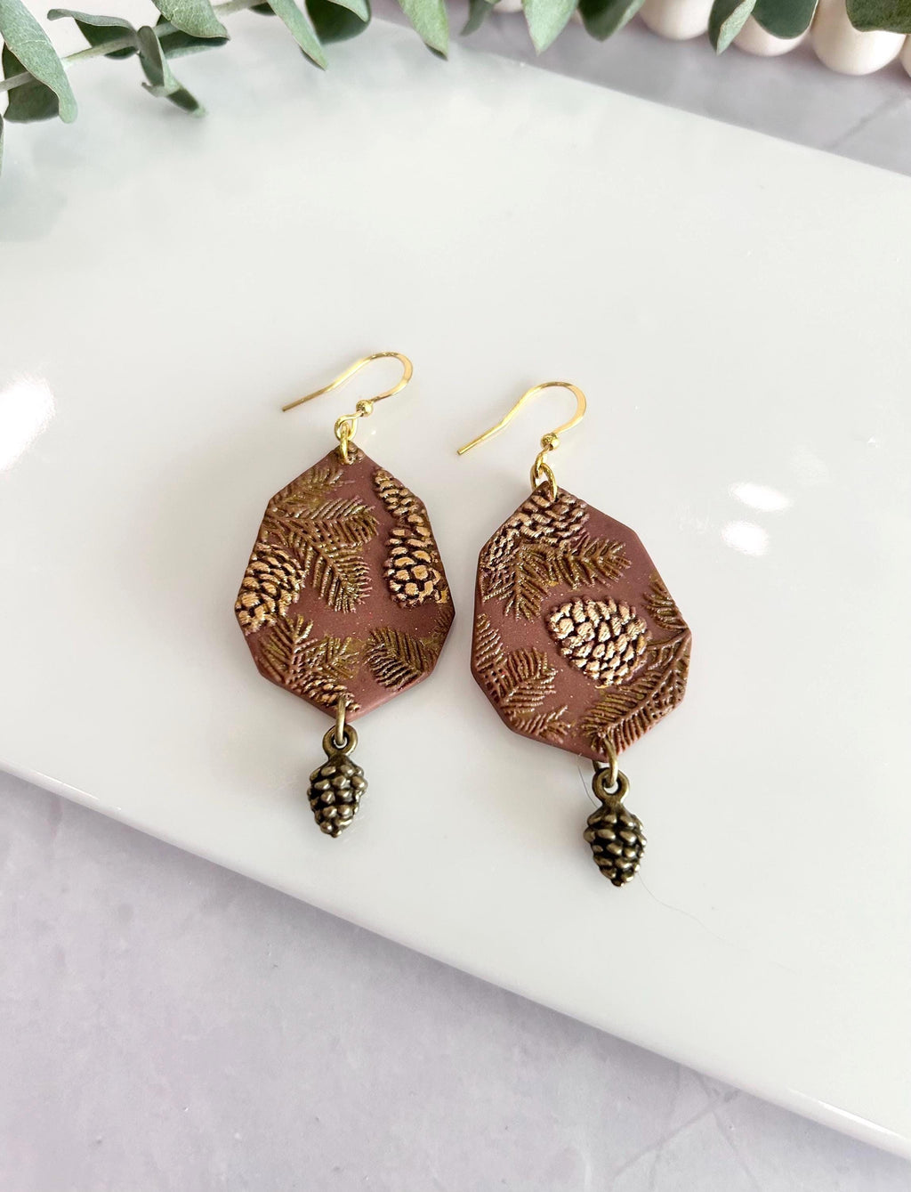 Brown and Gold Fall Earrings, Pine Cone Handmade Dangles, Clay & Bronze, Autumn Jewelry Gift