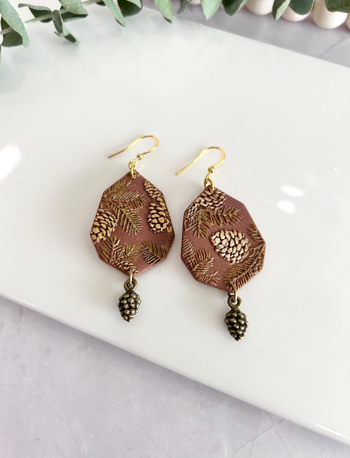Brown and Gold Fall Earrings, Pine Cone Handmade Dangles, Clay & Bronze, Autumn Jewelry Gift