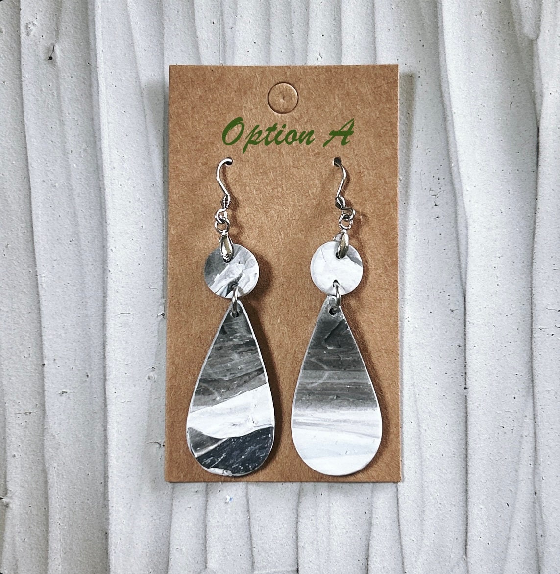 Black and White Marbled Earrings, Stainless Steel Clay Dangles, Boho Jewelry