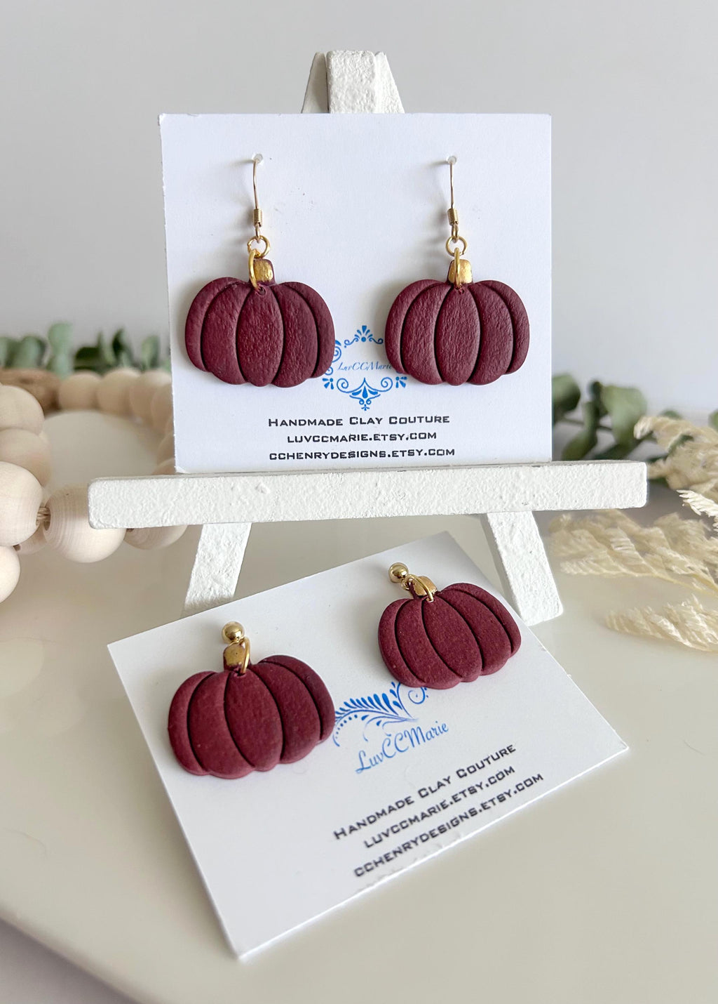 Burgundy Pumpkin Earrings, Gold Fall Leaf Clay Dangles, Handmade Boho Autumn Jewelry