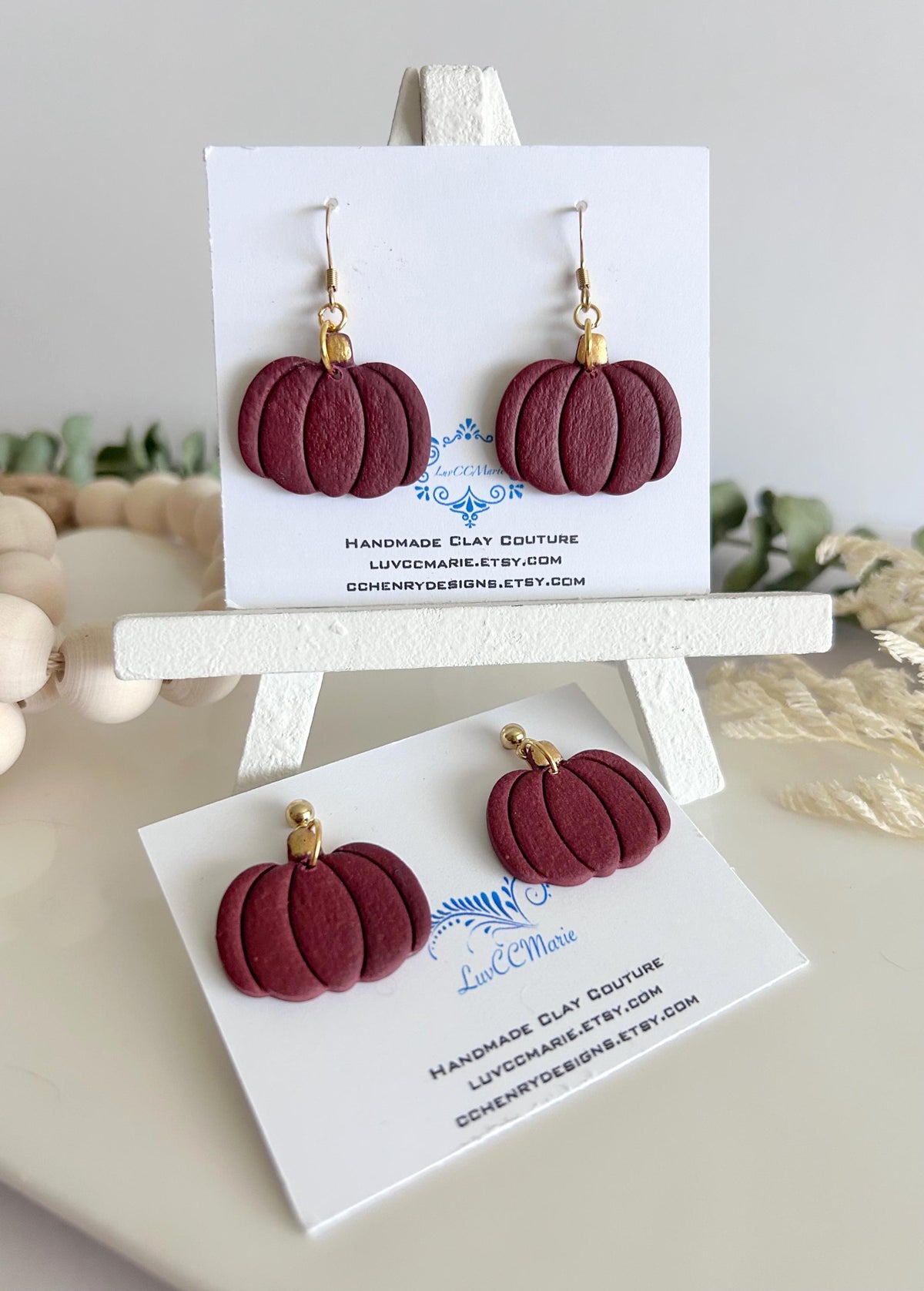 Burgundy Pumpkin Earrings, Gold Fall Leaf Clay Dangles, Handmade Boho Autumn Jewelry