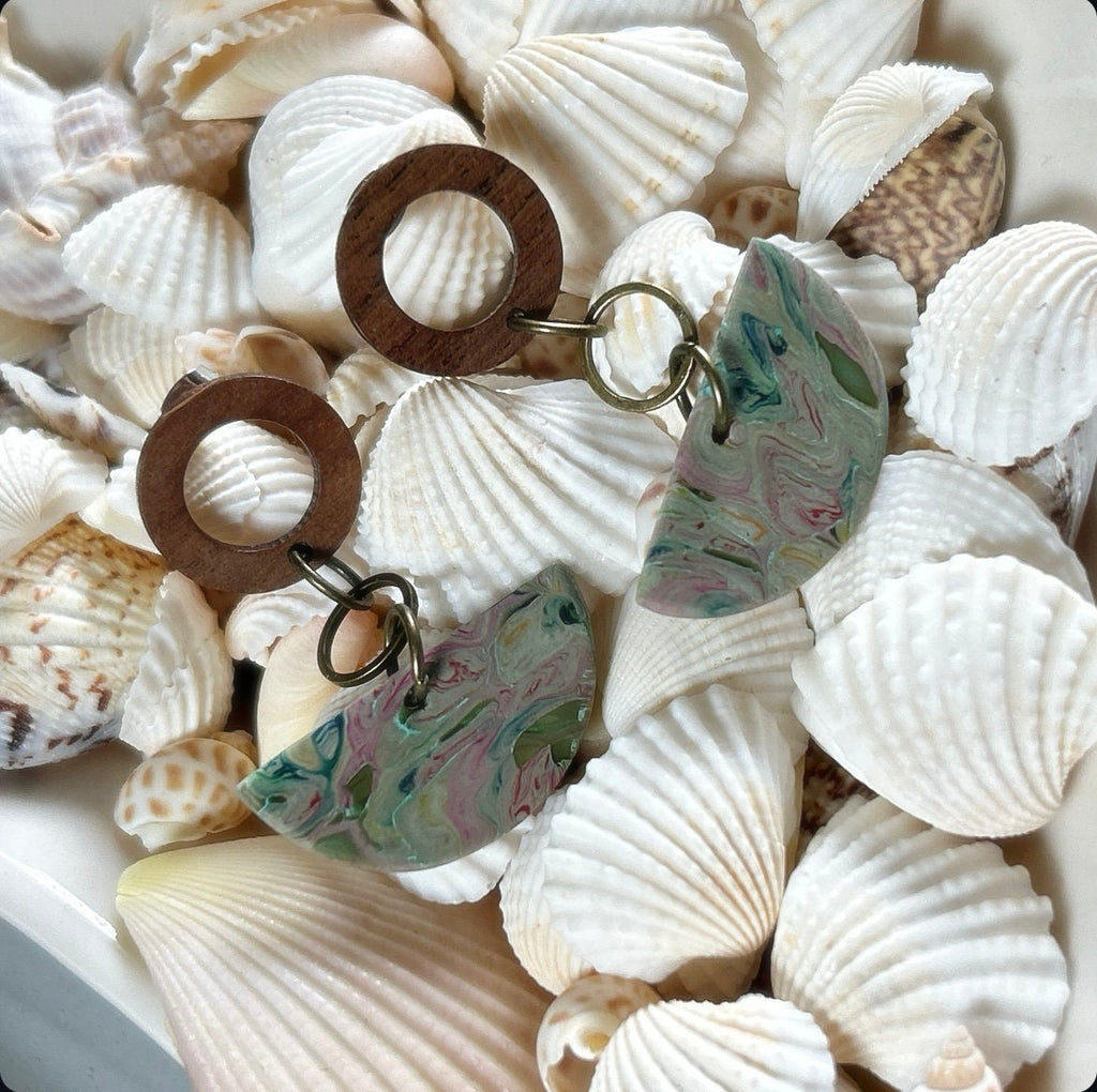 Olive Green Boho Earrings, Clay and Wood Marbled Dangles, Handmade Jewelry Gift For Her
