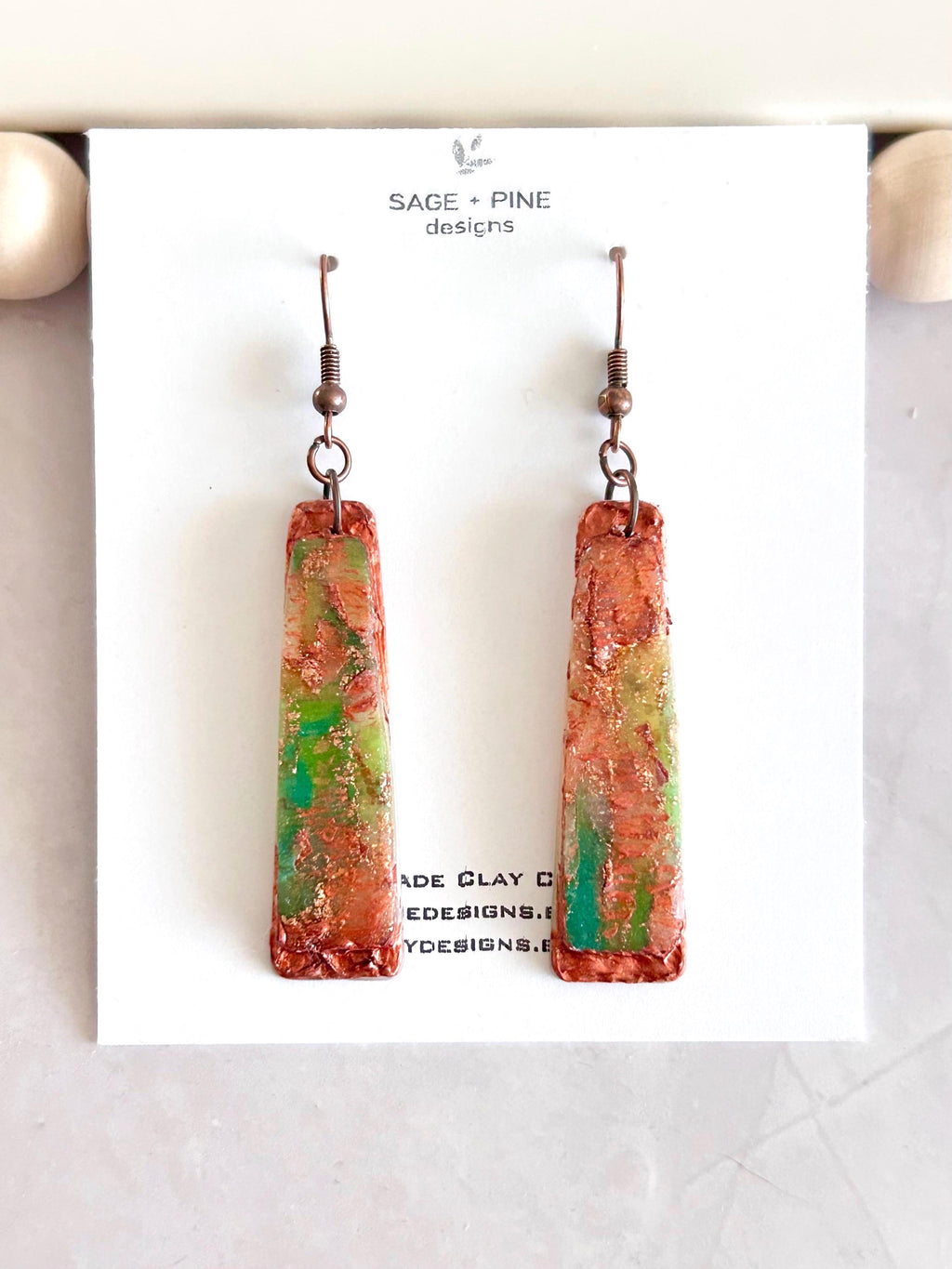 Copper Patina Clay Earrings, Abstract Hoop Drops, Green Statement Jewelry Gift