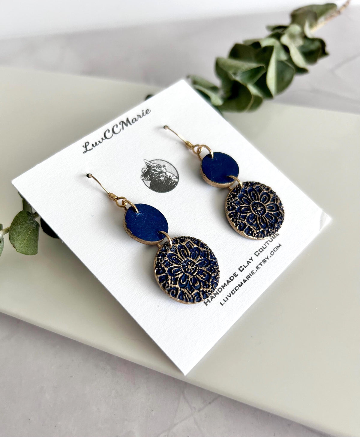 Dark Navy Blue Clay Earrings, Gold Mandala Embossed Dangles, Handmade Fashion Boho Jewelry