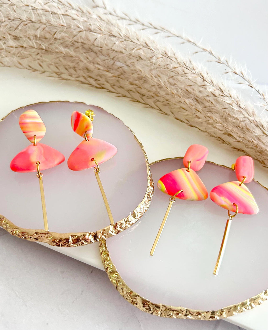 Neon Earrings, Gold Bar Dangles, Hypoallergenic Clay, Lightweight Jewelry