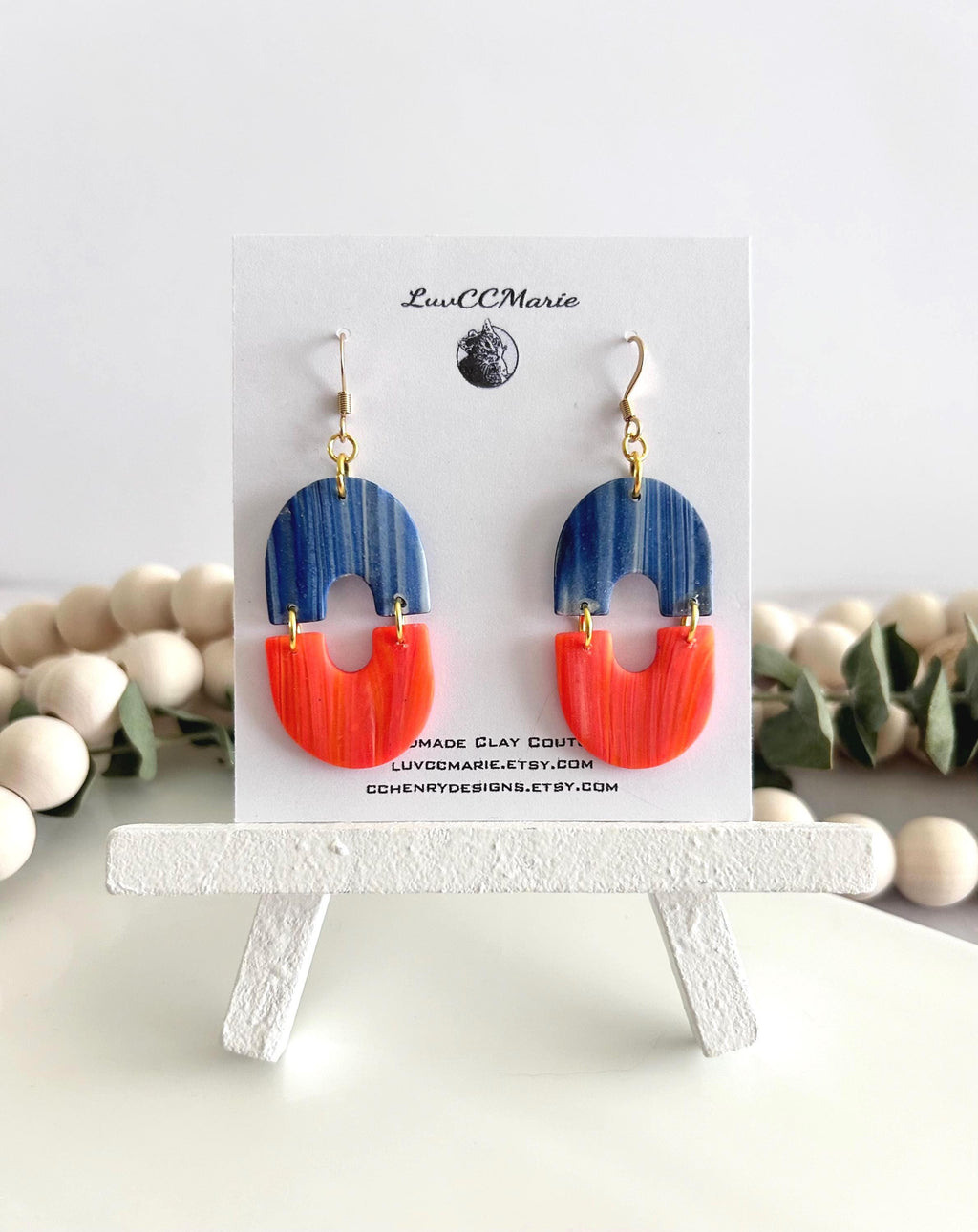 Orange Navy Blue Dangles, Marbled Coral Clay Long Bright Earrings, Neon Summer Drop Handmade