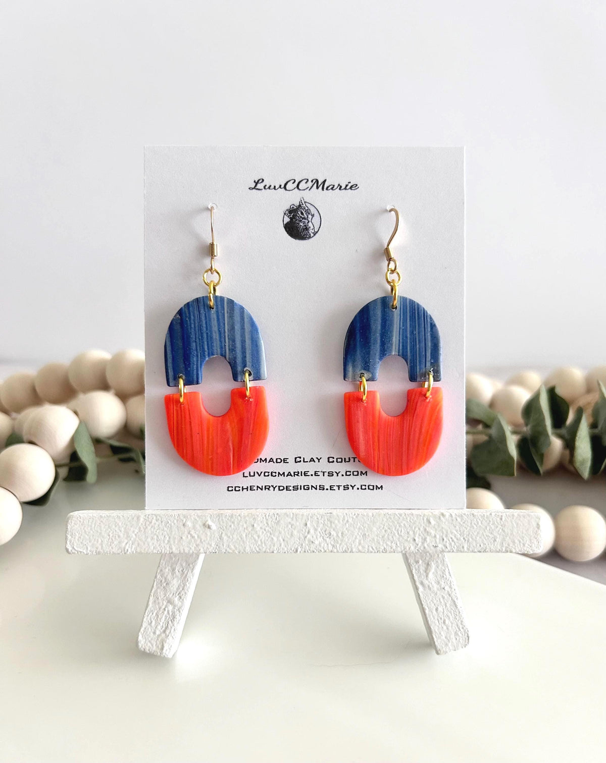 Orange Navy Blue Dangles, Marbled Coral Clay Long Bright Earrings, Neon Summer Drop Handmade