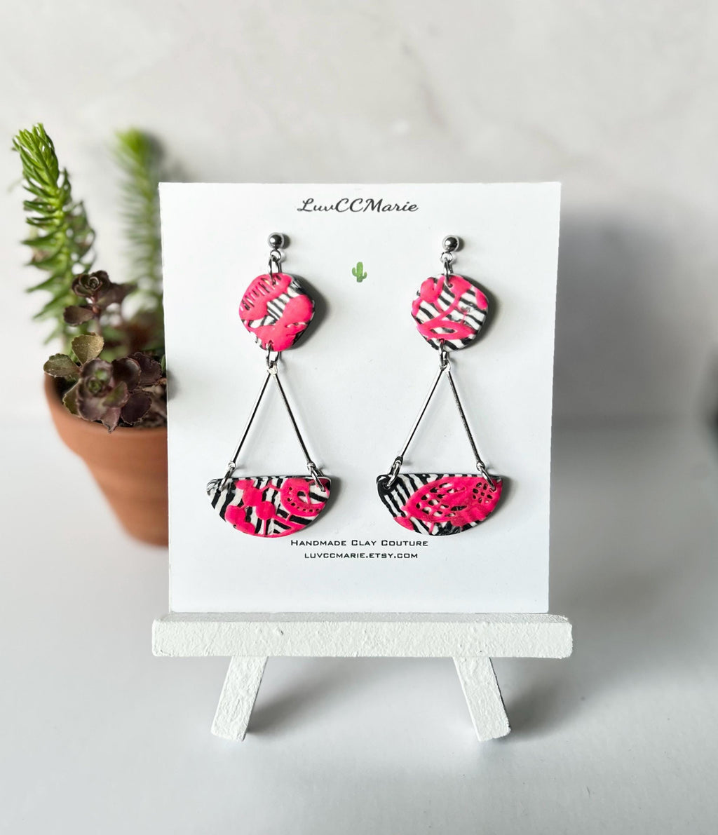 Hot Pink Black and White Zebra Stripe Chandelier Earrings, Clay Dangles, Handmade Jewelry Gift