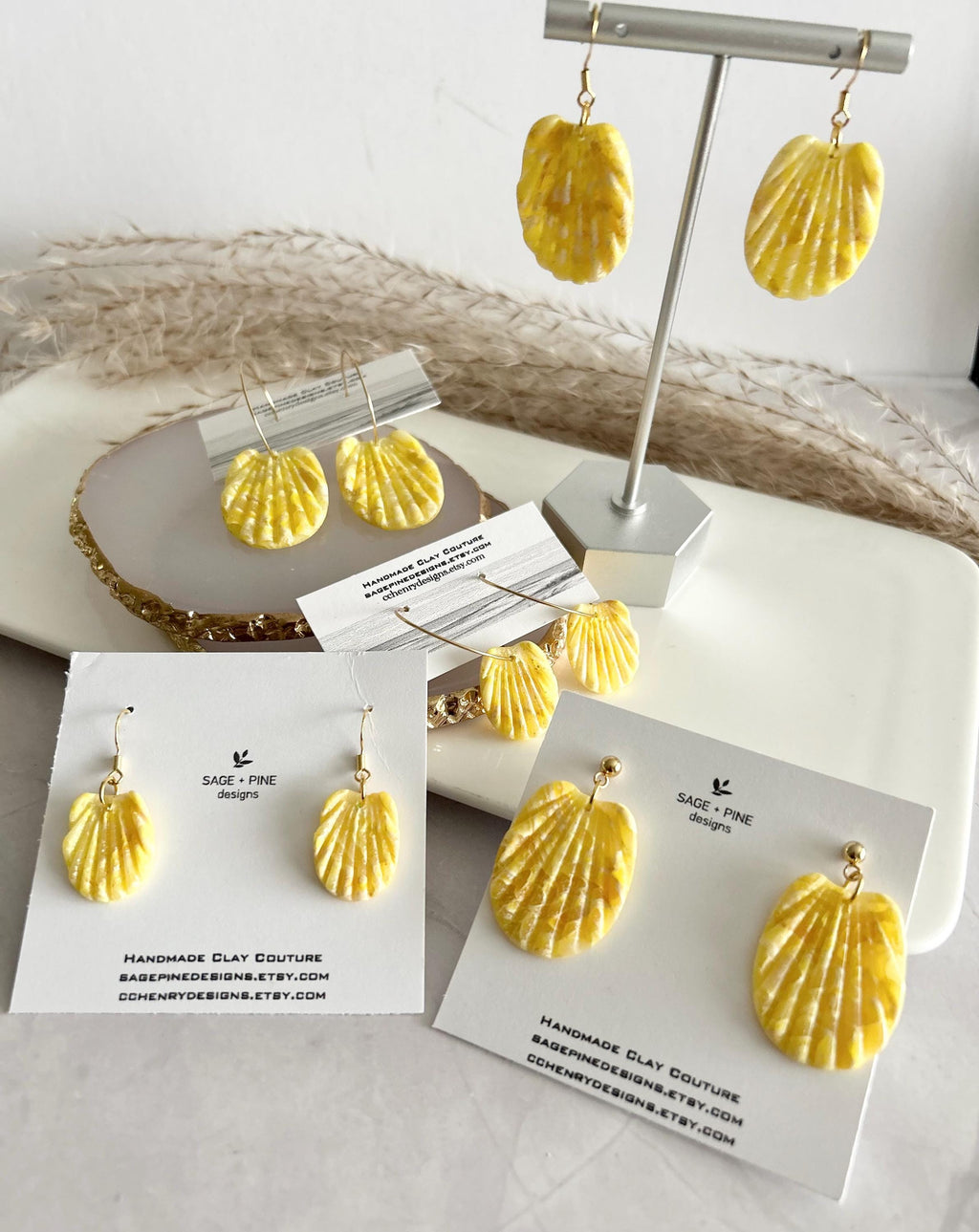 Handmade Clay Butter Yellow Shell Earrings, Seashell Hoop Dangles, Coastal Vacation Beach Jewelry