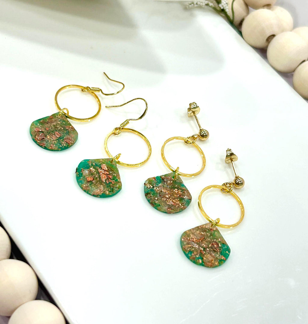 Emerald Green, Gold and Copper Clay Earrings, Handmade Boho Hoop Dangles, Jewelry Gift