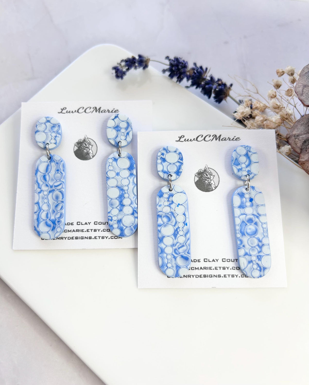 Cobalt Blue Bar Earrings: Mokume Clay Boho Dangles