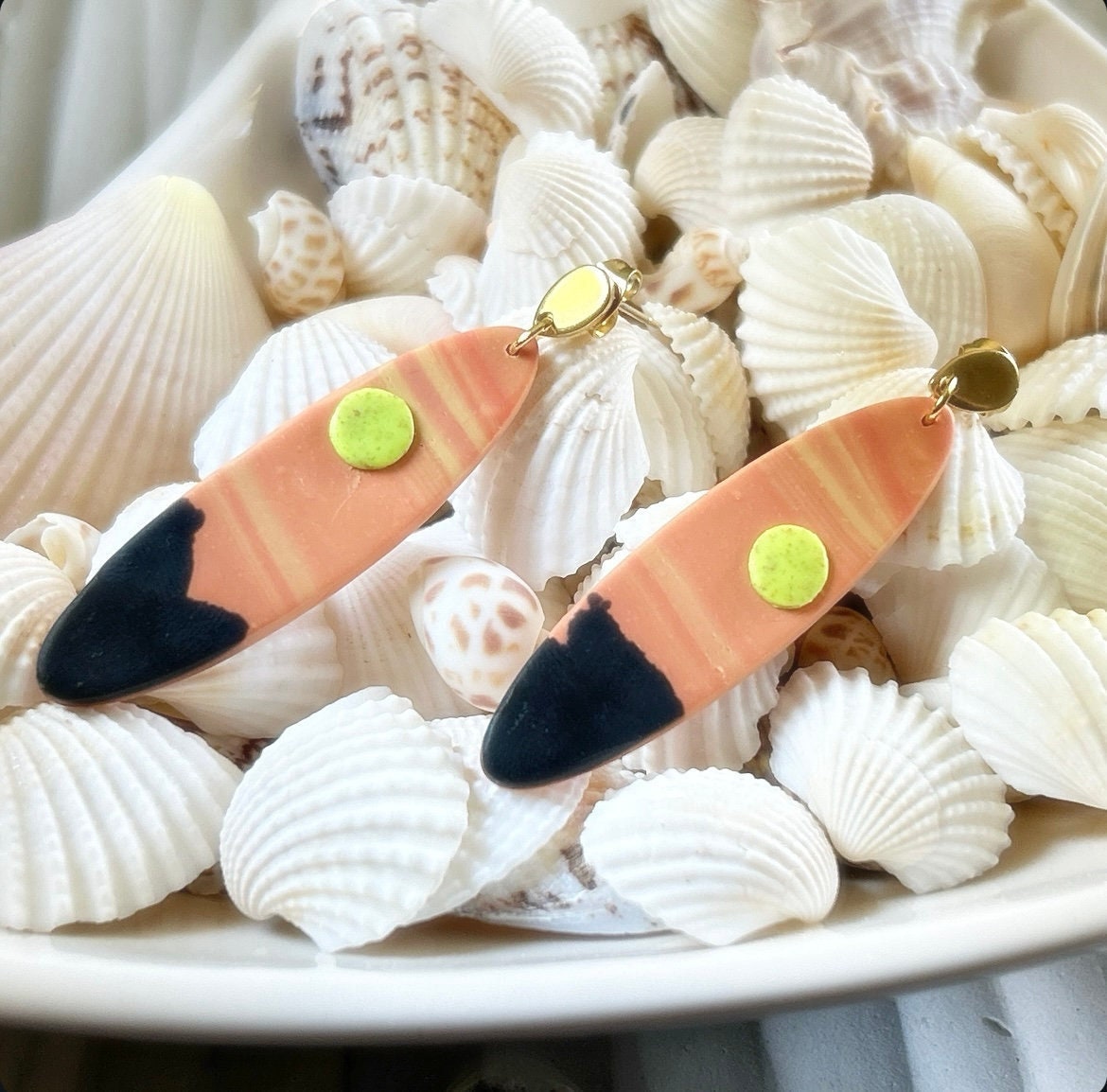 Orange Surfboard Clay Earrings, Handmade Boho Vacation Jewelry, Sunset Dangles