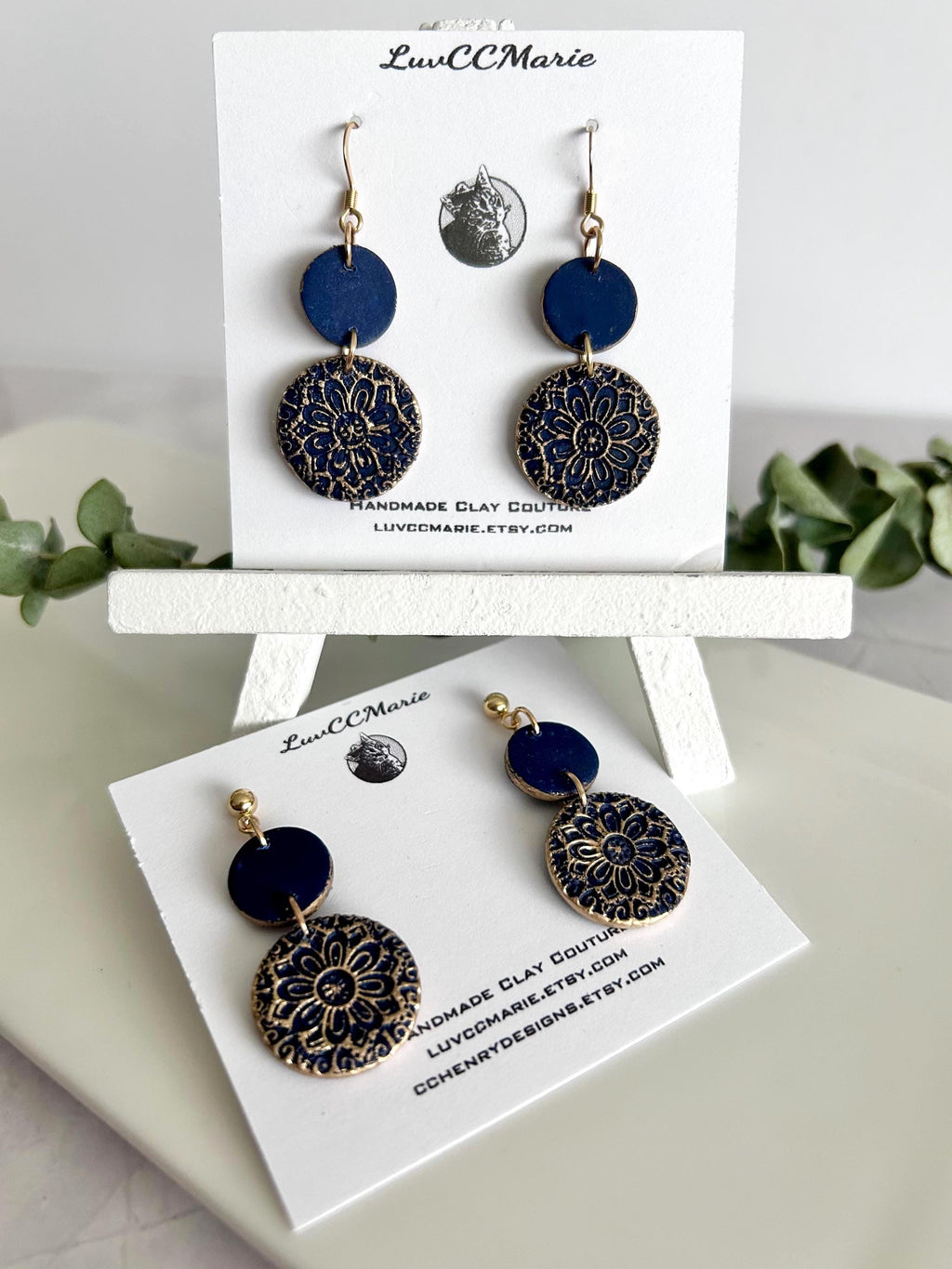 Dark Navy Blue Clay Earrings, Gold Mandala Embossed Dangles, Handmade Fashion Boho Jewelry