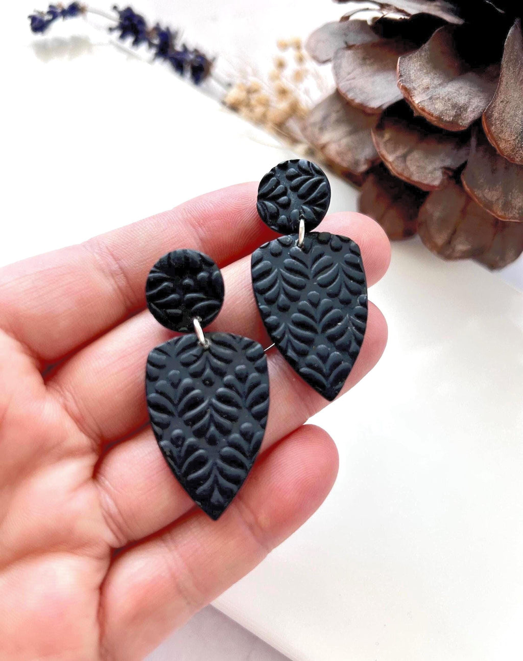 Black Clay Earrings, Geometric Dangles, Stud Dangles, Handmade Polymer Unique Jewelry Gift