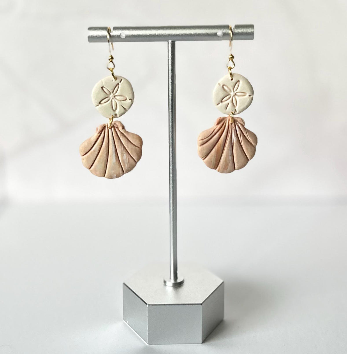 Handmade Clay Coastal Earrings, White Shell Sand Dollar Dangles, 18k Gold Vacation Jewelry