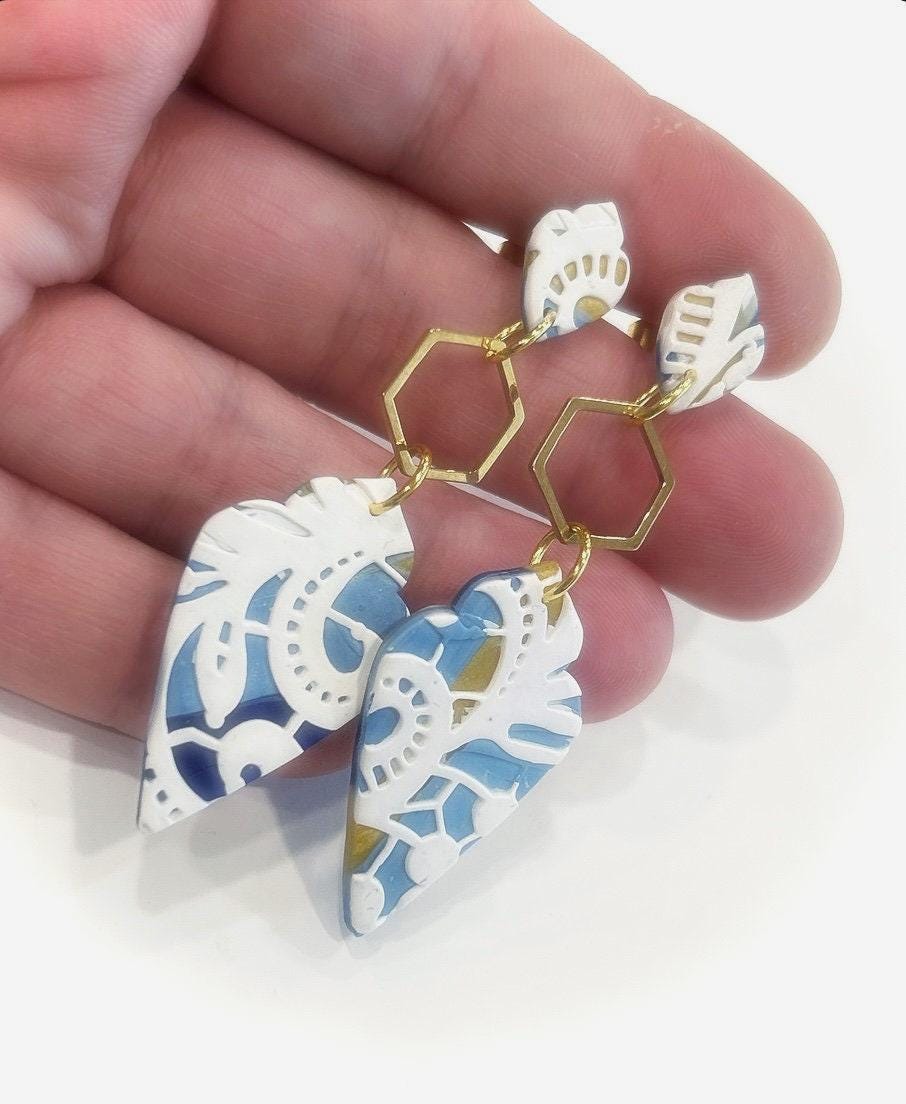 White Lace Clay Earrings, Navy Blue & Gold Dangles, Handmade Wedding Gift for the Bride