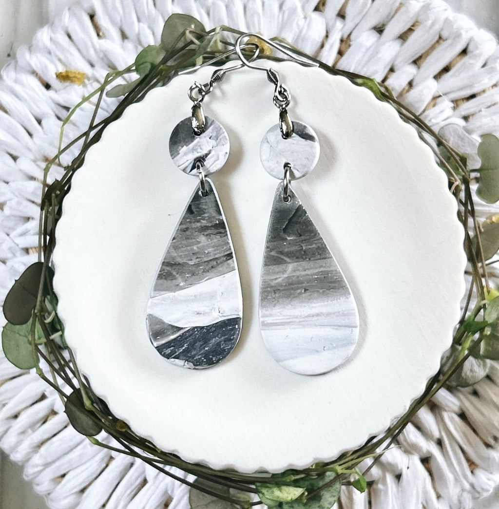 Black and White Marbled Earrings, Stainless Steel Clay Dangles, Boho Jewelry