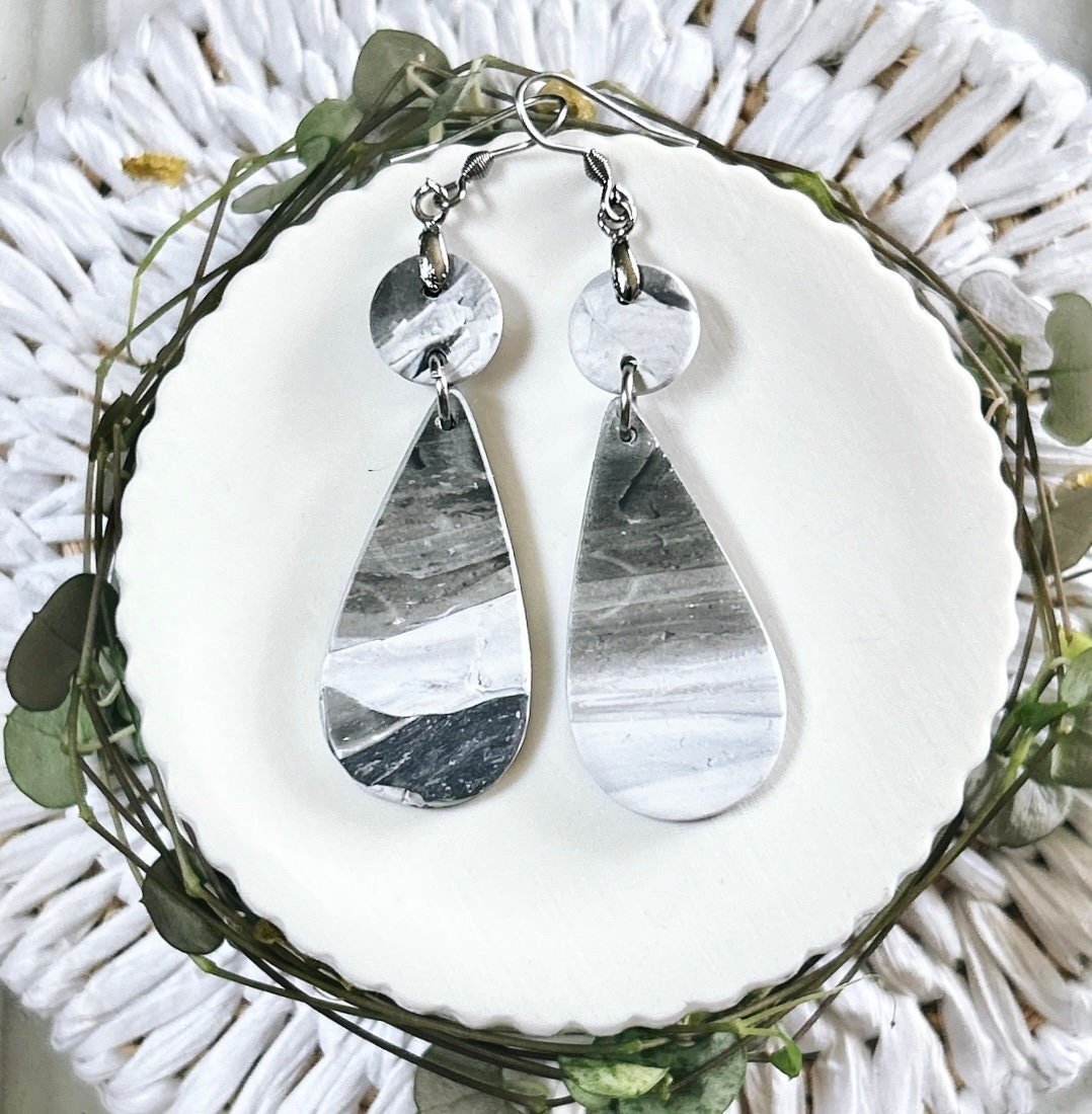 Black and White Marbled Earrings, Stainless Steel Clay Dangles, Boho Jewelry