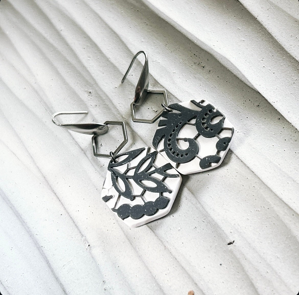 Charcoal Lace Hexagon Hoop Dangle Earrings, Boho Bridal Handmade Jewelry