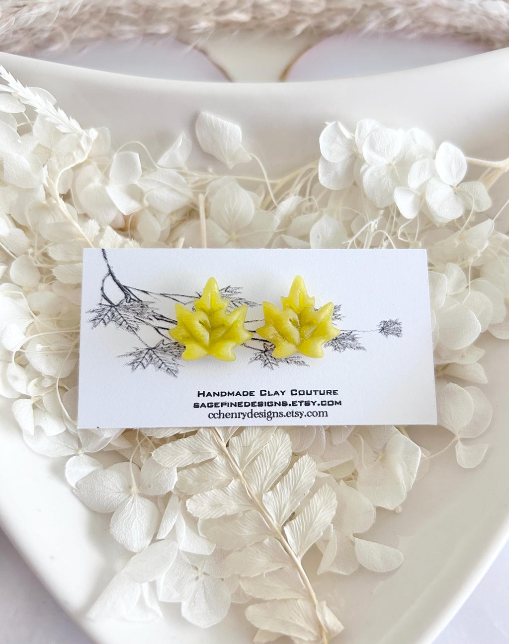 Clay Stud Earrings, Maple Leaf Fall Studs, Chartreuse Green, Hypoallergenic Surgical Posts