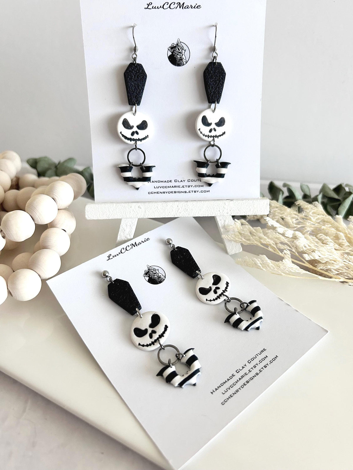 Handmade Clay Halloween Earrings, Black and White Skull Dangles, Jack Coffin Bat