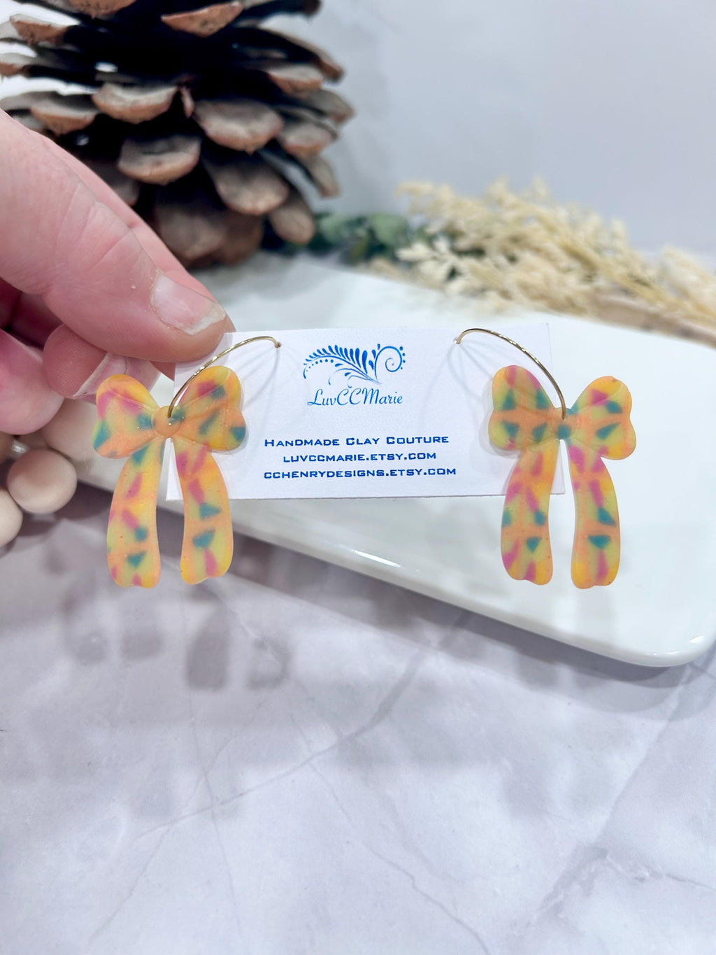 Neon Earrings, 80s Bow Hoop Dangles, Fluorescent Handmade Clay Jewelry Gift