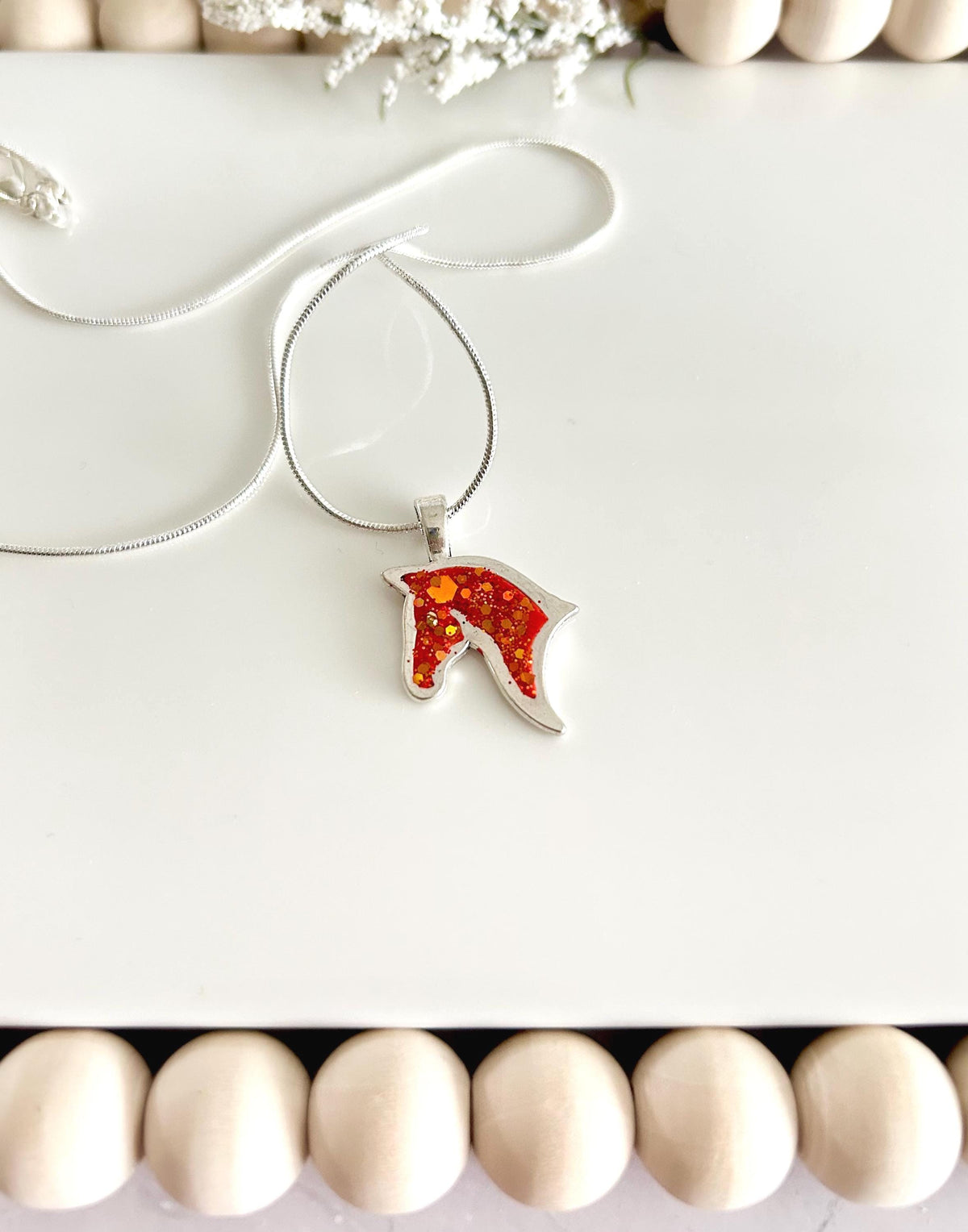 Year of the Horse Fire Necklace, Red and Silver Sparkly Pendant, Handmade Fashion Clay Jewelry