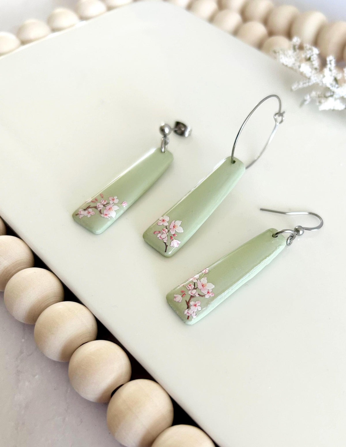 Sage Green Cherry Blossom Handmade Clay Dangle Earrings, Drop Dangles, Lightweight Jewelry
