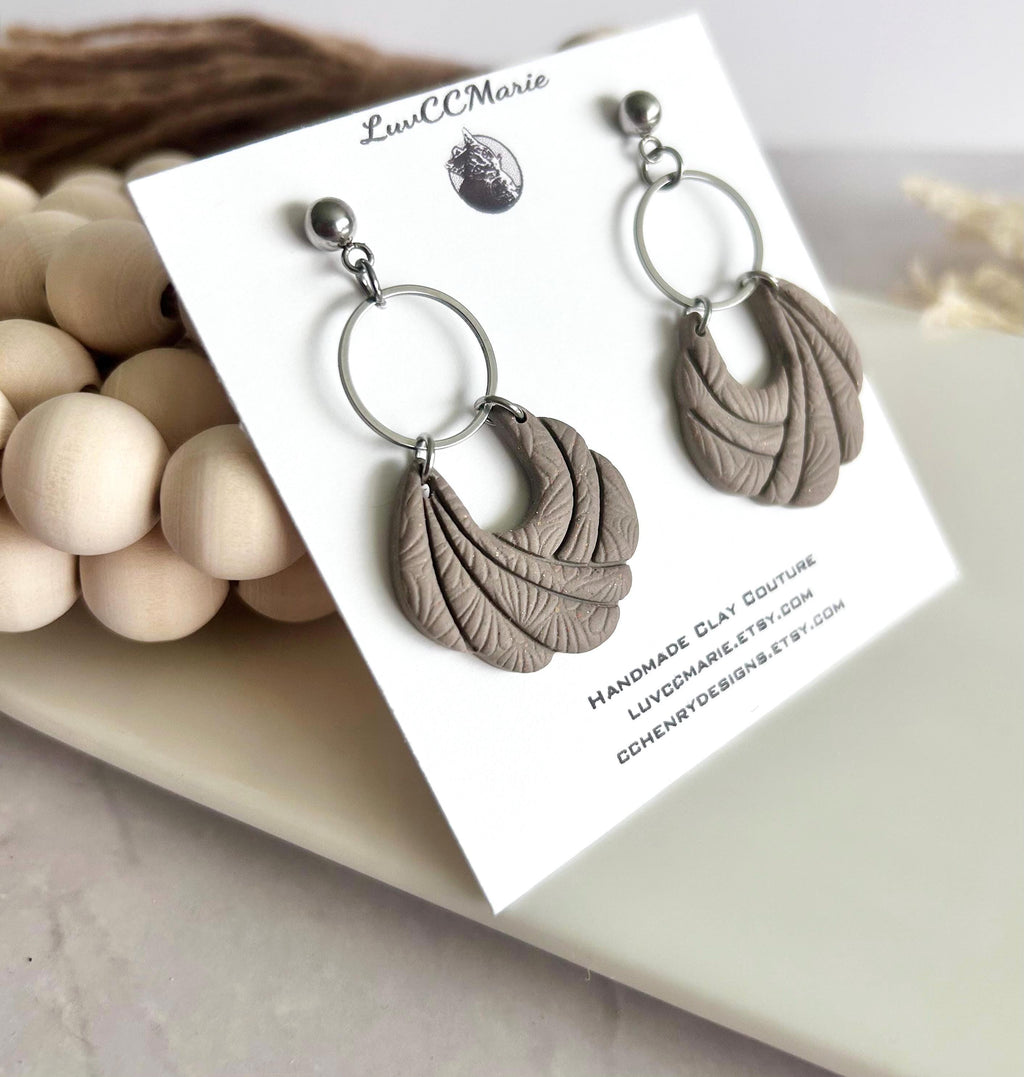 Handmade Khaki Clay Earrings: Boho Floral Embossed Dangles