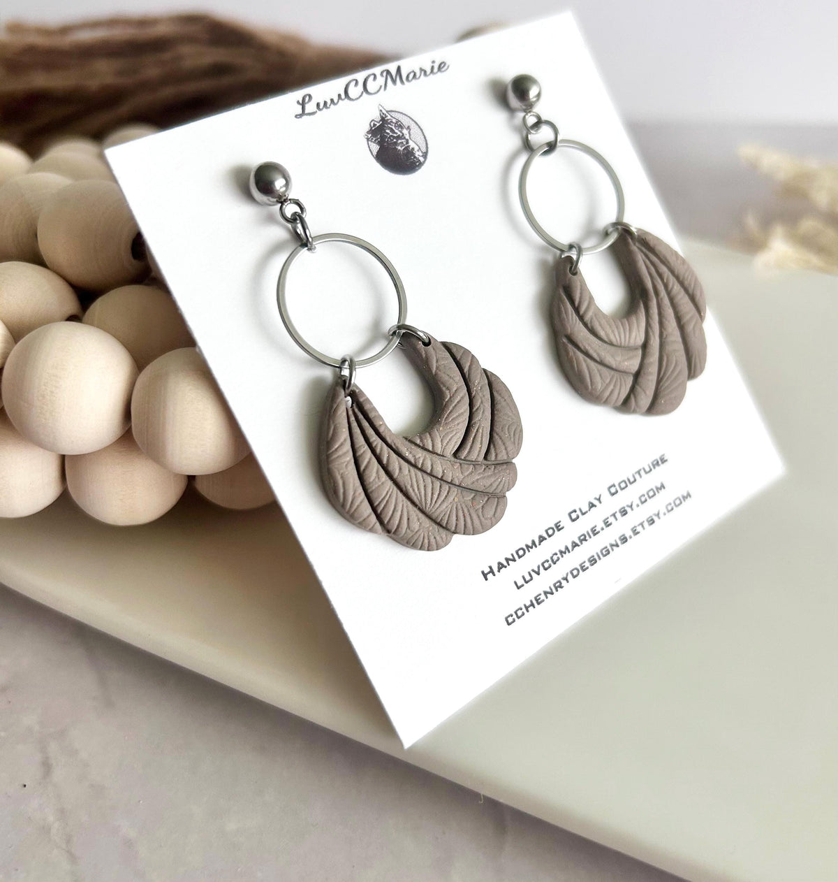 Handmade Khaki Clay Earrings: Boho Floral Embossed Dangles