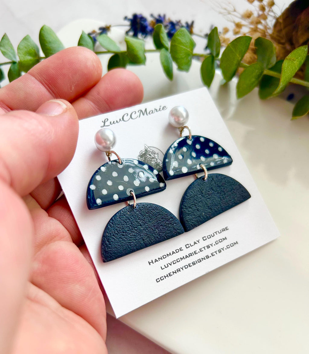Navy Blue Handmade Polka Dot Clay Dangle Earrings: Retro Boho Pearl Studs