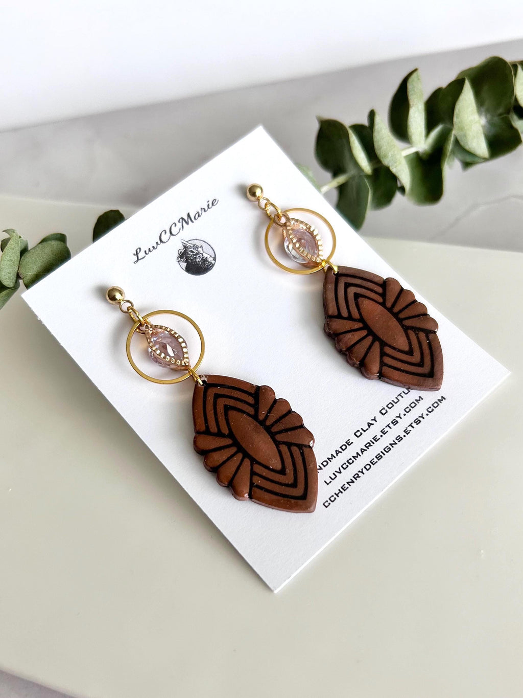 Dark Brown Clay Dangle Earrings: Gold Cubic Zirconia, Boho Wedding Jewelry
